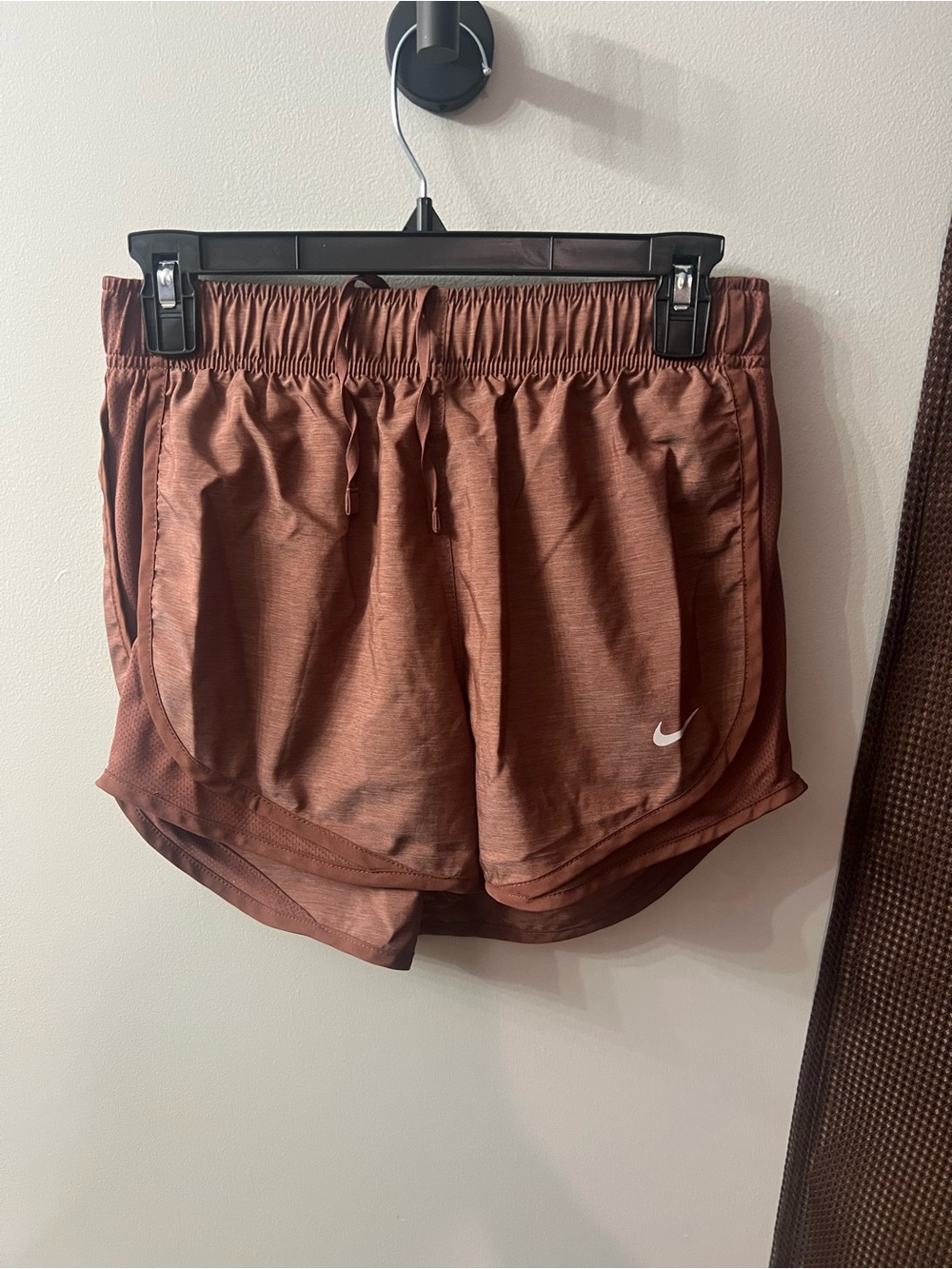 Nike Women's Brown Athletic Dri-FIT Shorts with White Swoosh